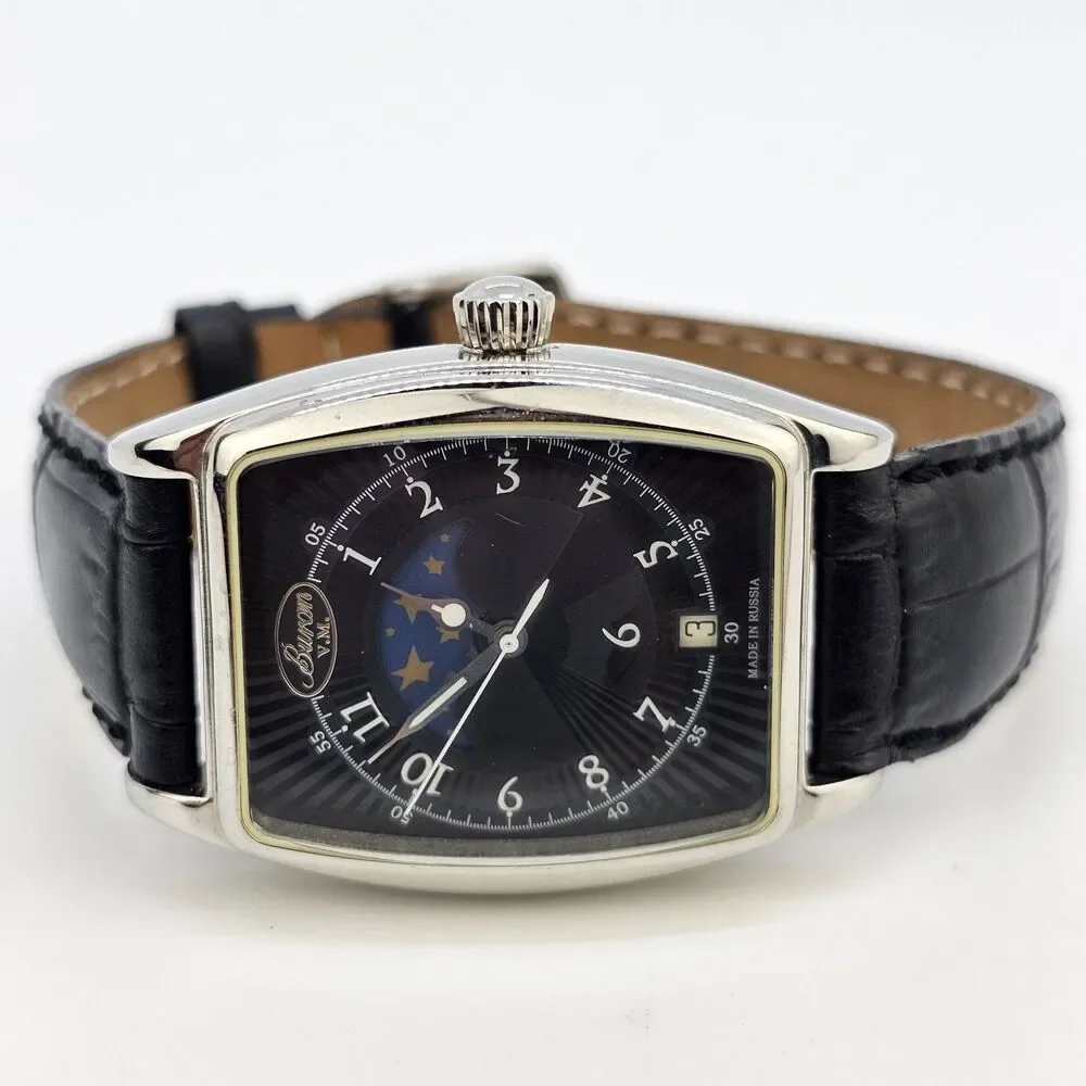 Buran Moonphase‎ Mechanical Watch 34MM Black Dial Leather Bands Limited Edition